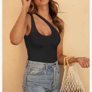 Double Strap One Shoulder Black Bodysuit Top